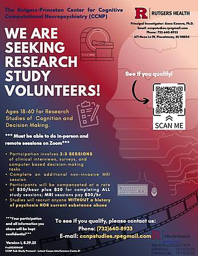 Flyer from the Rutgers-Princeton Center for Cognitive Computational Neuropsychiatry &mdash; seeking research study volunteers aged 18 to 60, paid, in person and on Zoom